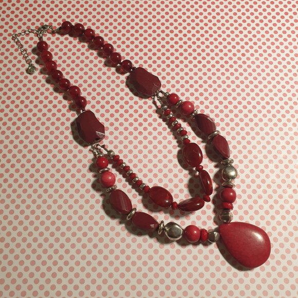 Red Beaded Double Strand Necklace Teardrop Stone Pendant Silver Tone Accents - Picture 1 of 7